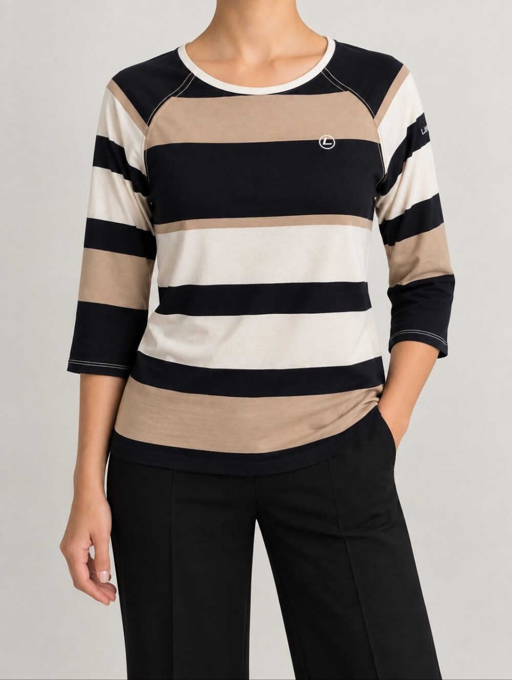 Luhta Women’s Striped 3/4 Sleeve Top Black Beige Cream Size M